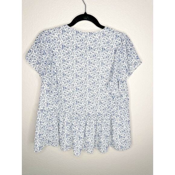 Madewell Shirt Womens Large Floral V Neck Peplum Short Sleeve Casual Blue White - Picture 5 of 5